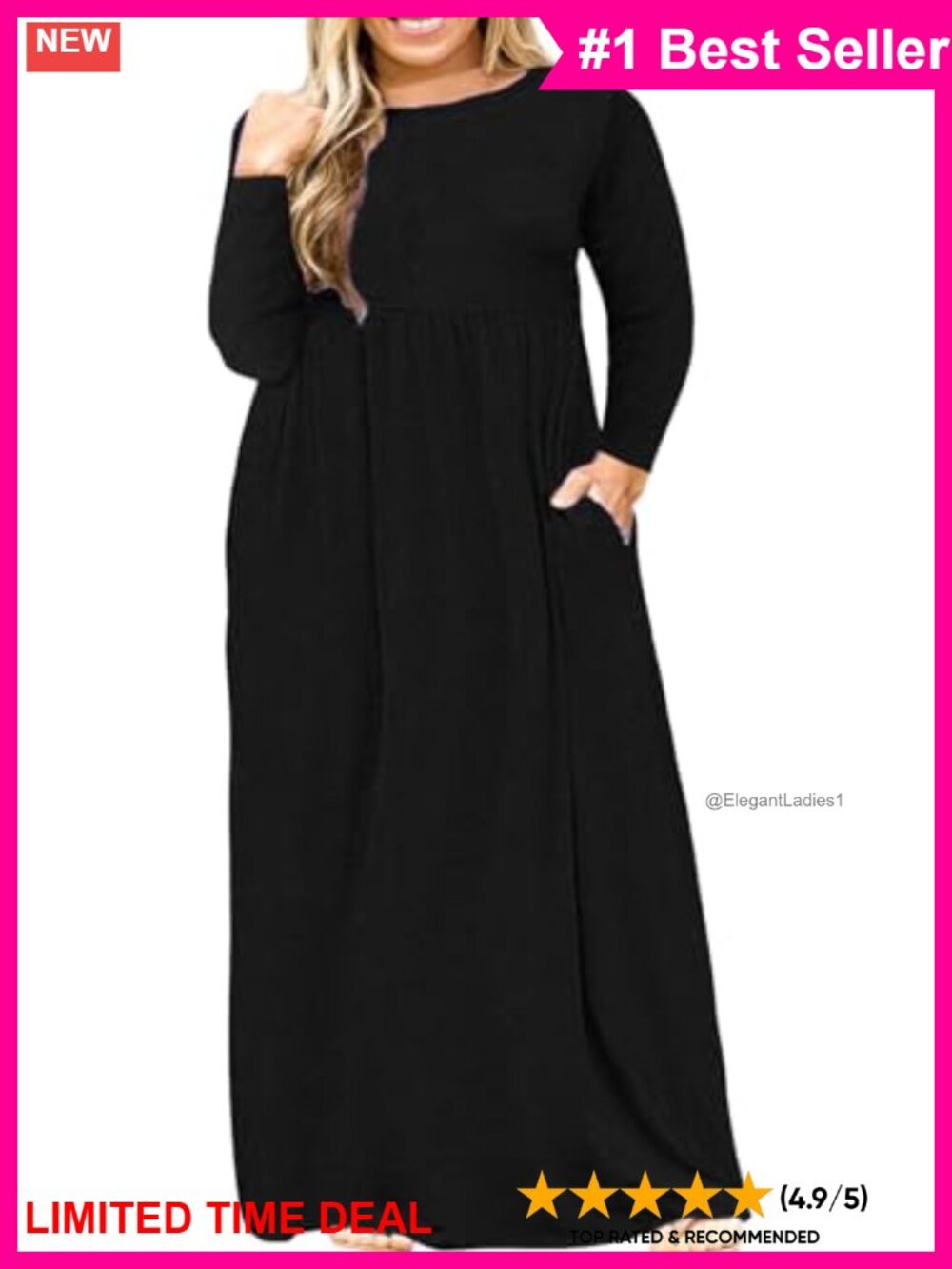 Plus Size Maxi Dress Long Sleeve Round Neck Pockets Casual Fall